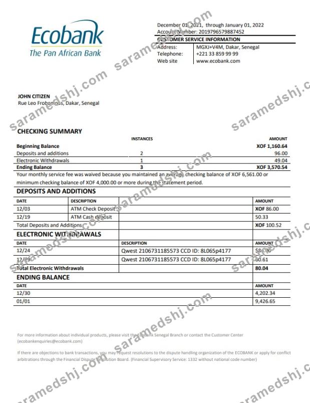 Senegal Ecobank bank statement
